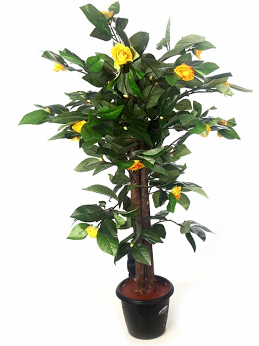 Artificial Camelia Plant Topiary 'N' Coffee Wood Stick Yellow - 2 Feet - CGASPL