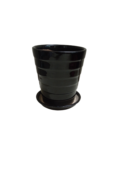 Small black ceramic plant pot with striped design