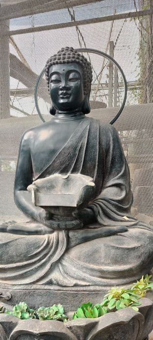 Handcrafted Buddha garden statue with lotus base front view
