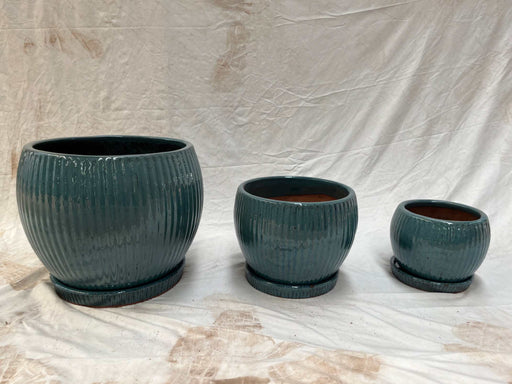 Blue Glazed Ceramic Round Planter with Textured Finish