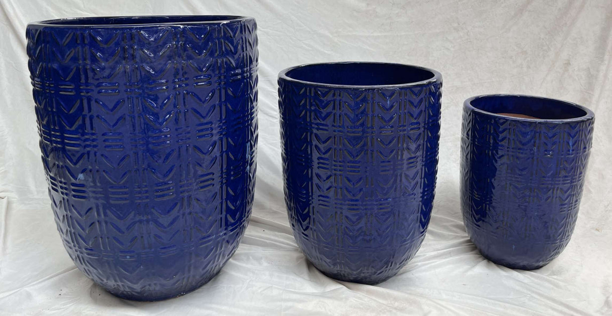 Modern Dark Blue Glazed Ceramic Round Planters Set of 3 Large Pots