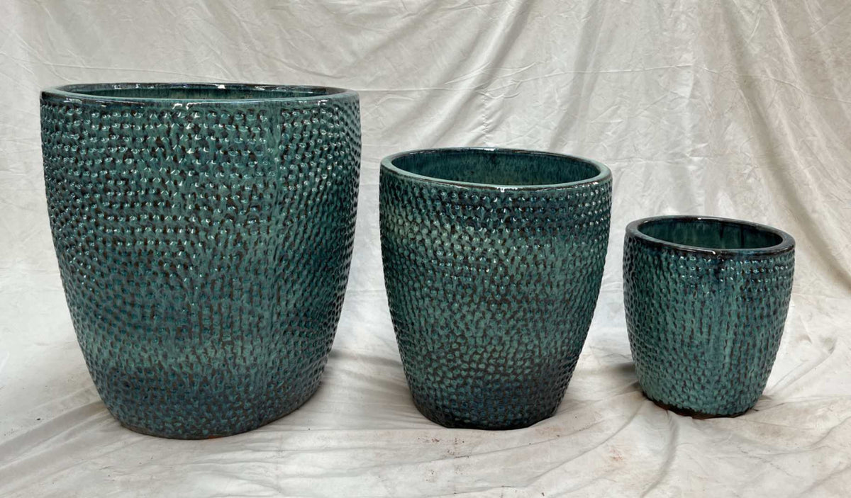 Modern Blue White Glazed Ceramic Round Planters - Set of 3 Large Pots ...