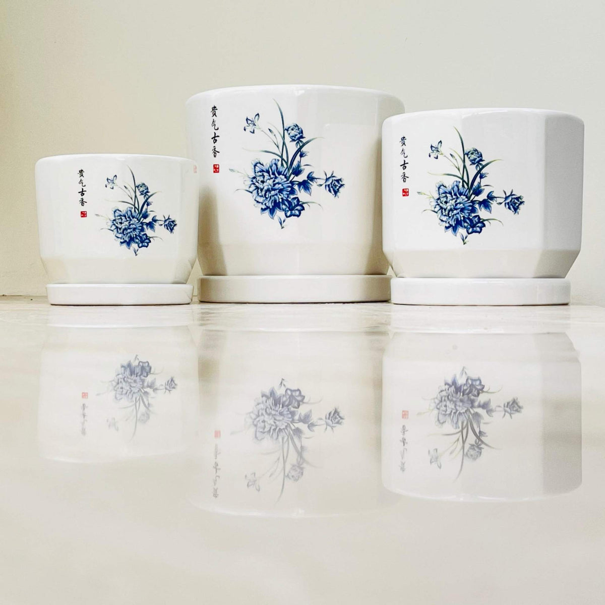 Set of 3 White Ceramic Pots with Blue Floral Design – ChhajedGarden.com