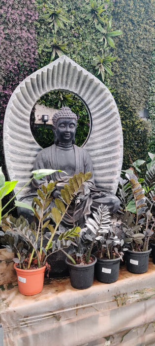 Buddha statue with halo backdrop for meditation and Zen garden