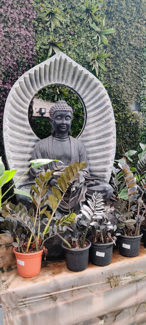 Buddha statue with halo backdrop for meditation and Zen garden