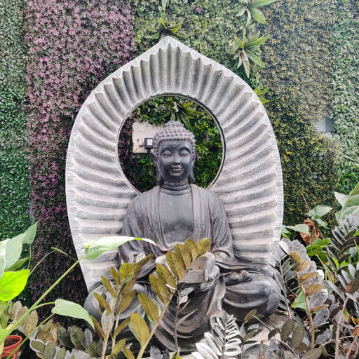 Handcrafted Buddha garden statue with decorative halo design