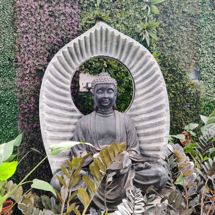 Handcrafted Buddha garden statue with decorative halo design