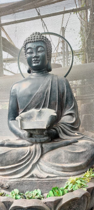 Buddha statue with halo design for meditation and garden decor