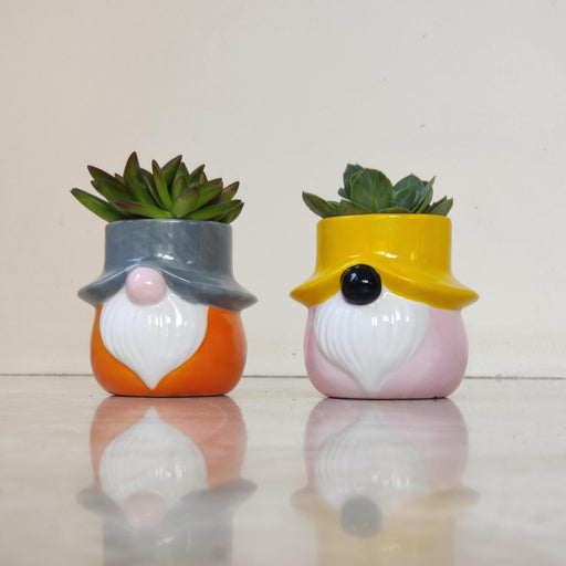 Cute gnome ceramic planter with colorful hat for home decor