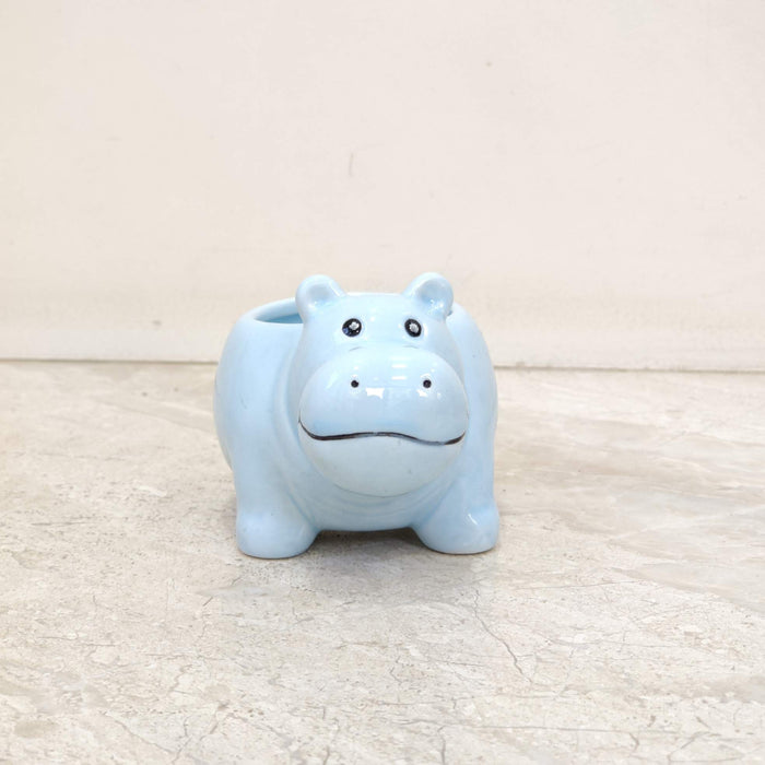 Cute baby blue hippo ceramic planter for home and office decor