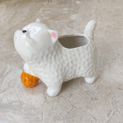 Cute white kitten ceramic planter with orange ball for home decor