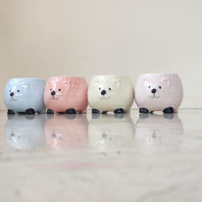 Decorative happy hedgehog ceramic pot for tabletop and shelf display