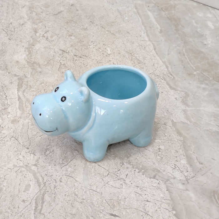 Decorative baby blue hippo ceramic pot for tabletop and shelf display