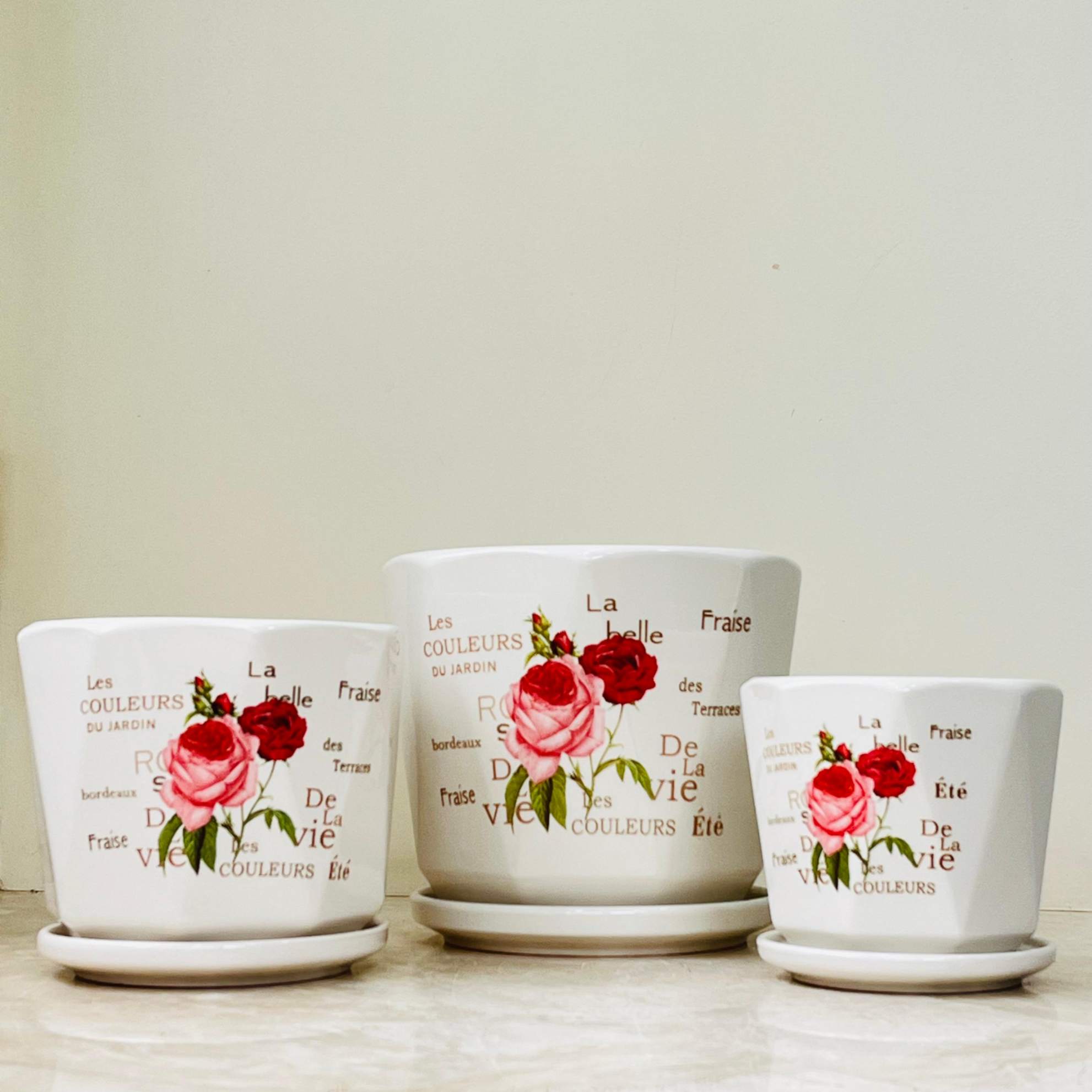 Set of 3 White Ceramic Pots with Rose Design & Text – ChhajedGarden.com