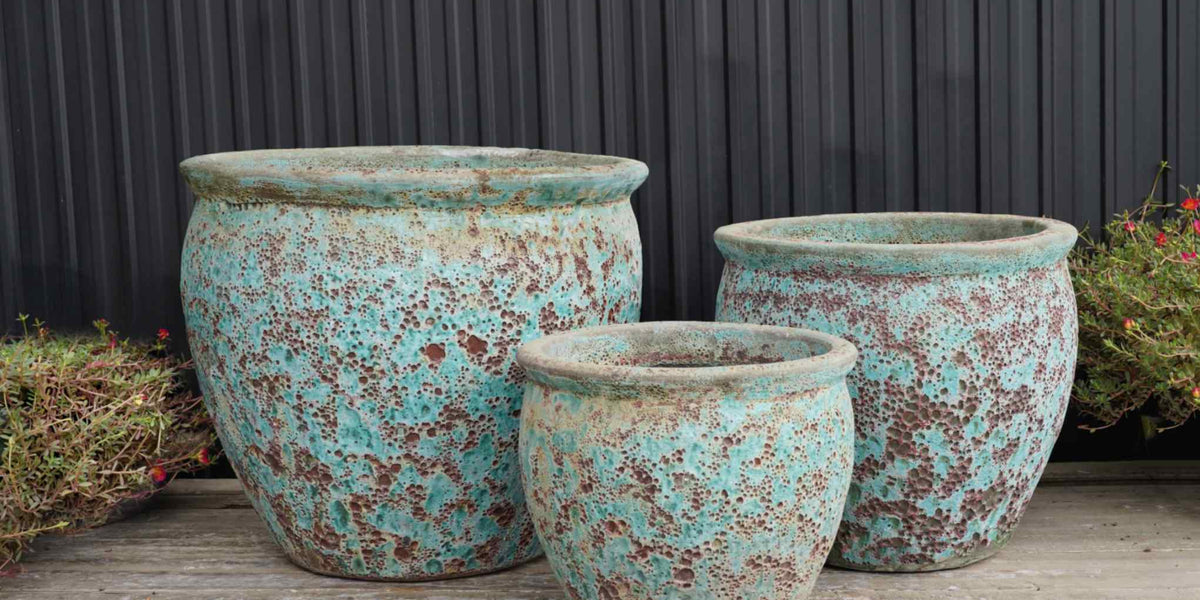 Green Ocean Stone Ribbed Garden Pot Set Of 3