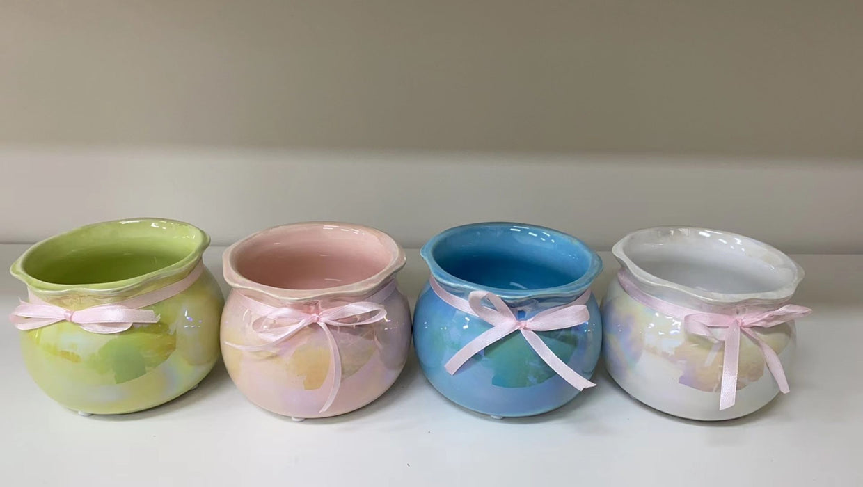 Pots Ribbon Color High-Gloss Ceramic Pot - Pastel Ribbon Accent Planter for Indoor Decor ...