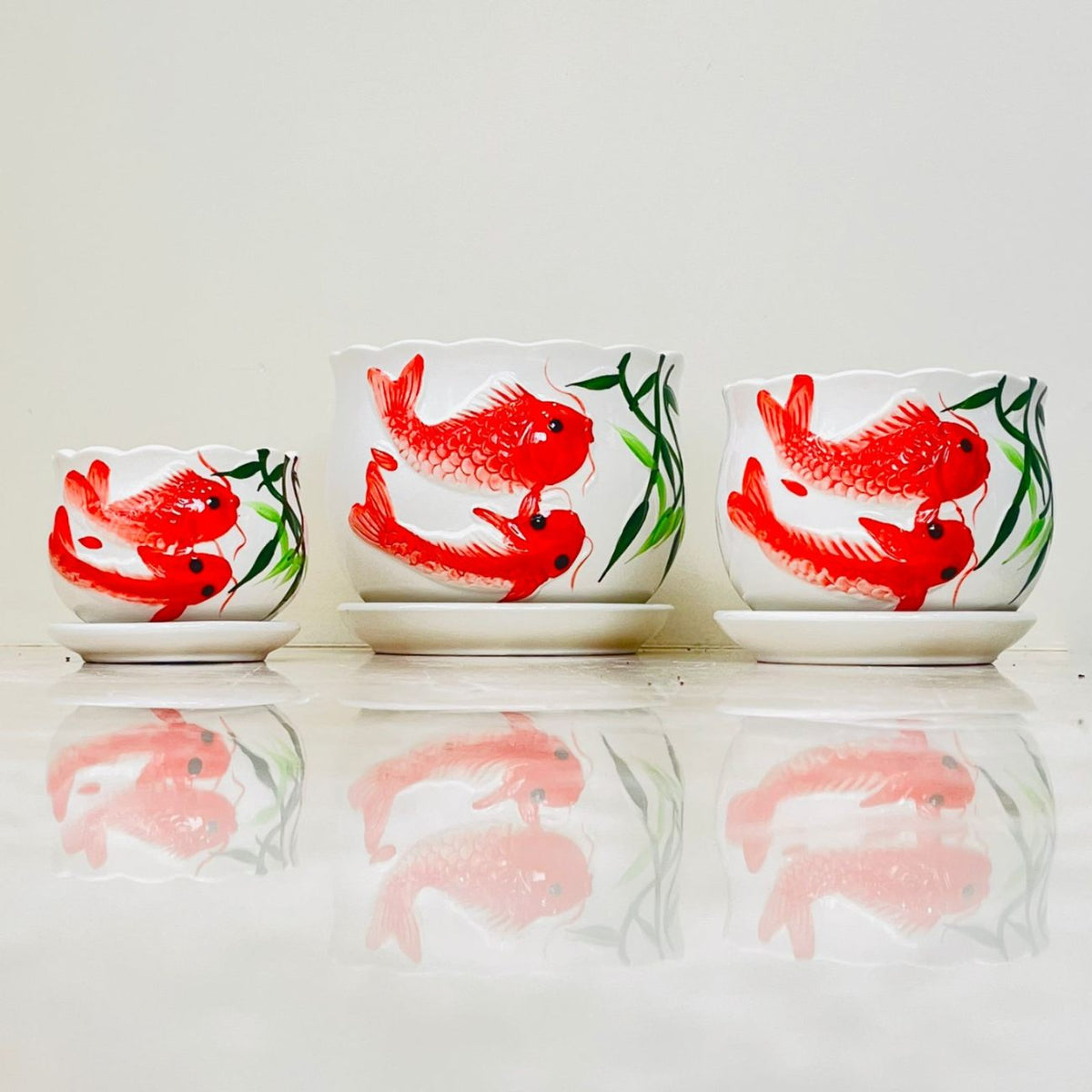 Ceramic Fish Pattern Pot Koi Serenity Ceramic Pot Set Of 3 – Artistic Koi Fish Planters ...