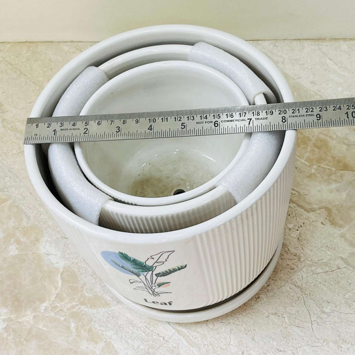 Medium white ribbed ceramic planter with saucer