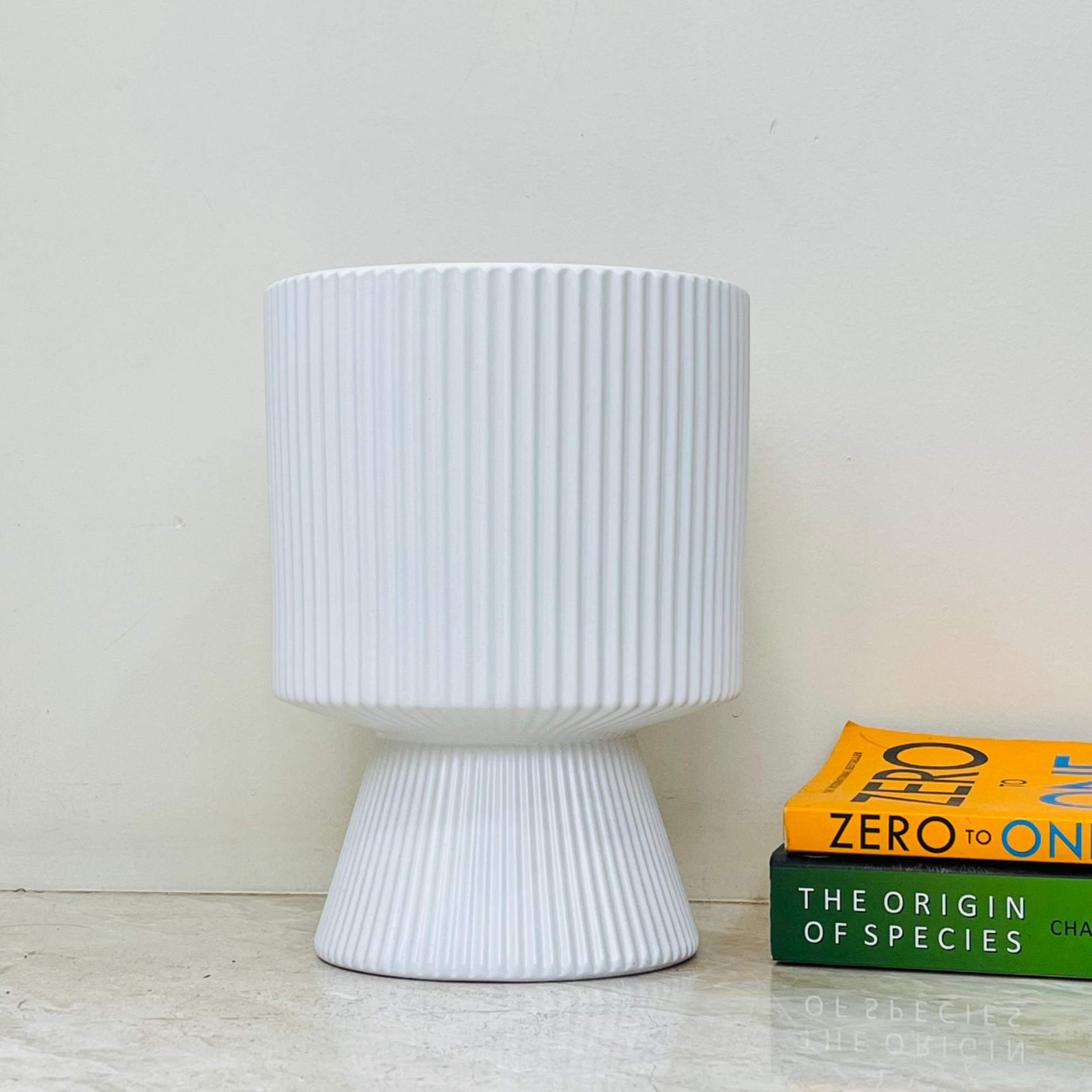 White Ribbed Ceramic Planter - Modern Indoor Pot for Home Decor ...