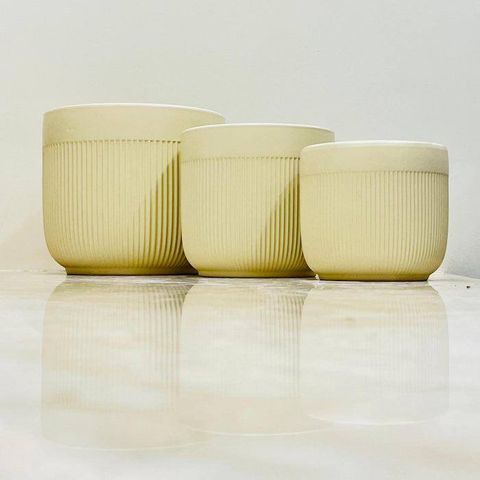 Designer Ribbed Pots Beige Ribbed Ceramic Planter Set Of 3 – Stylish Indoor Plant Pots ...
