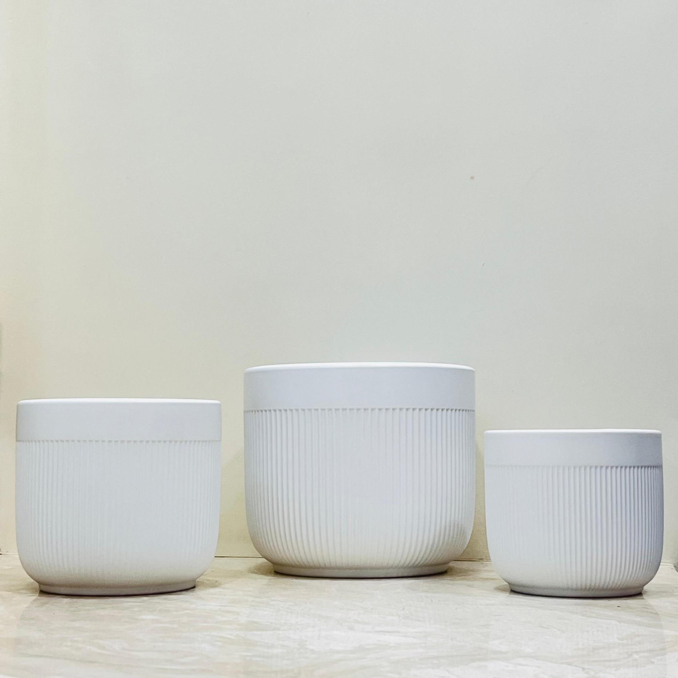 White Ribbed Ceramic Planter Set Of 3 – Minimalist Indoor Pots ...