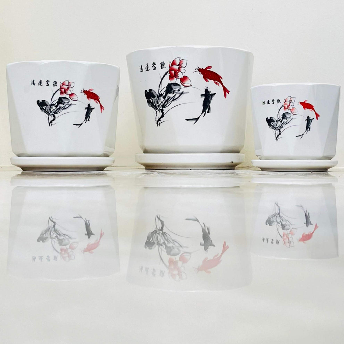 Ceramic Fish Pattern Pot Asian-Inspired White Ceramic Pot Set with Koi Fish and Floral Design ...