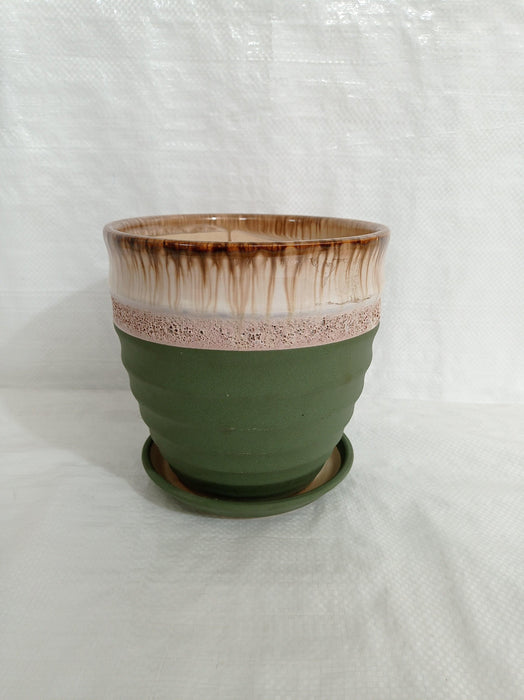Round green ceramic plant pot