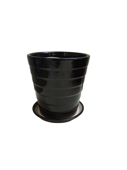 Medium black ceramic plant pot with drainage hole