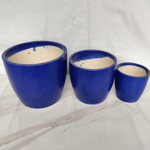 Modern Blue Ceramic Planters - Set of 3 Round Bowls