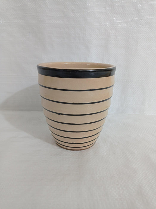 "Cream and black striped ceramic plant pot"