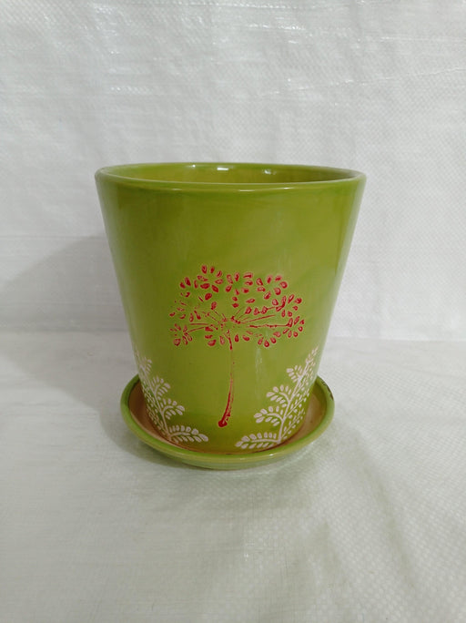 Small  round ceramic pot with creative parrot green design
