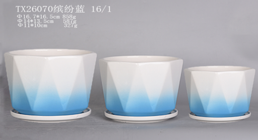 Modern round ceramic plant pots in shiny white and blue