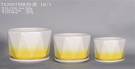 Shiny white and yellow ceramic plant pot set