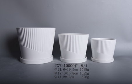 Set of 3 Modern Ceramic Planter Pots - White | Grooved Round Shape ...