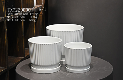 Shiny white round ceramic planters fluted
