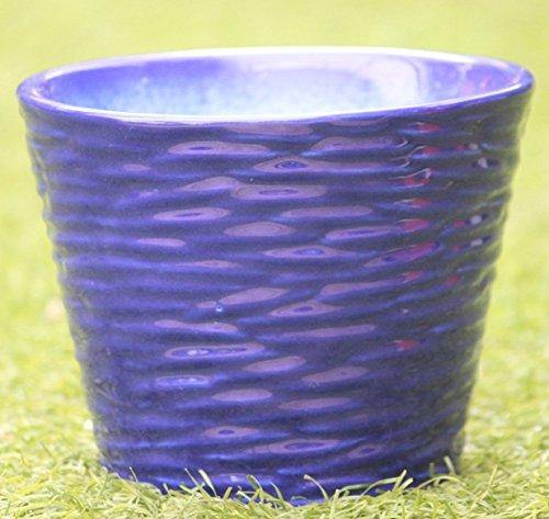 Blue Ceramic Planter - Round Ribbed Design