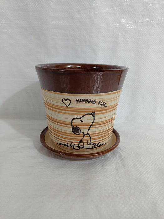 Small Painted Brown-Cream Color Round Ceramic Pot - CGASPL