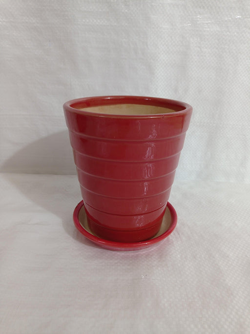 Small red striped ceramic plant pot